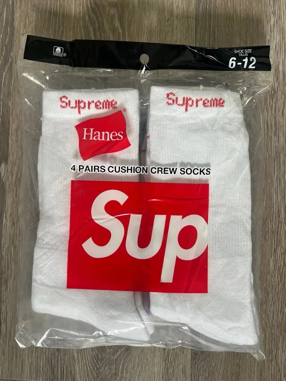 Hanes White Crew Socks with Red Supreme Logo - 4 Pairs